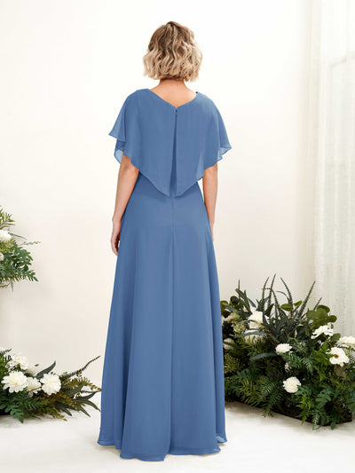 Carlyna Soleil A-Line Dusty Blue Bridesmaid Dress Maxi Short Sleeve V-Neck Dress Back View #color_dusty-blue