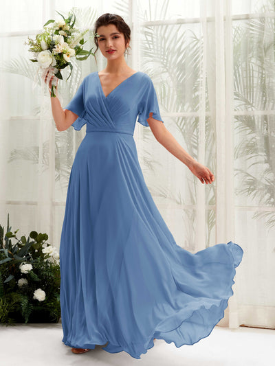 Dusty Blue Bridesmaid Dresses Bridesmaid Dress A-line Chiffon V-neck Full Length Short Sleeves Wedding Party Dress (81224610)#color_dusty-blue