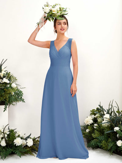 Carlyna Karen A-Line Dusty Blue Bridesmaid Dress Maxi Sleeveless V-Neck Dress Front View #color_dusty-blue