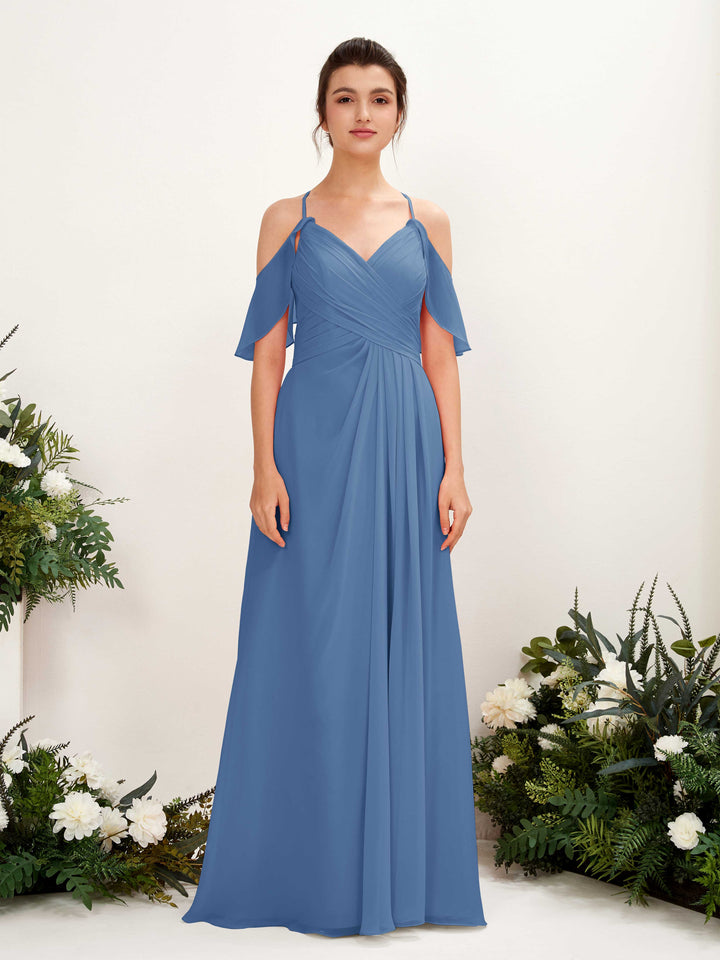 Ball Gown Off Shoulder Spaghetti-straps Chiffon Bridesmaid Dress - Dusty Blue (81221710)