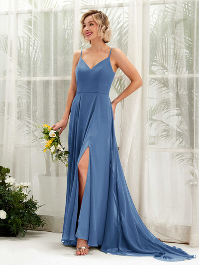 Carlyna Mana A-Line Dusty Blue Bridesmaid Dress Maxi Sleeveless V-Neck Dress Front View #color_dusty-blue