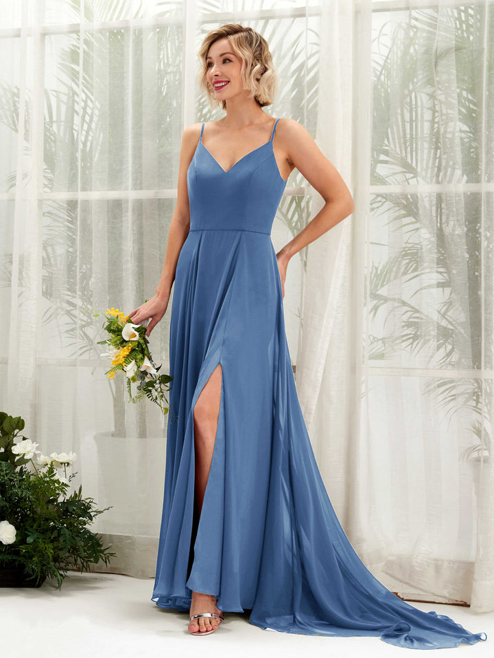 Dusty Blue Bridesmaid Dresses Bridesmaid Dress A-line Chiffon V-neck Full Length Sleeveless Wedding Party Dress (81224110)