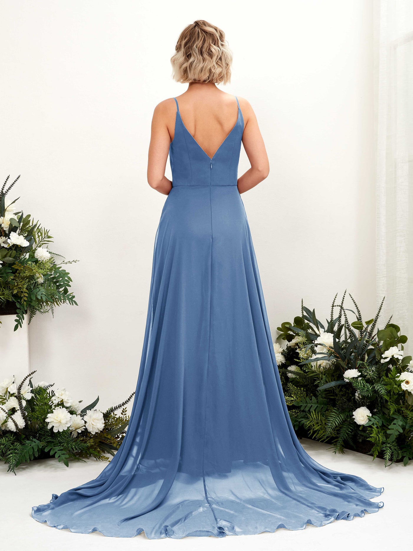 Dusty Blue Bridesmaid Dresses Bridesmaid Dress A-line Chiffon V-neck Full Length Sleeveless Wedding Party Dress (81224110)#color_dusty-blue