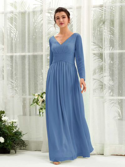 Dusty Blue Bridesmaid Dresses Bridesmaid Dress A-line Chiffon V-neck Full Length Long Sleeves Wedding Party Dress (81220310)#color_dusty-blue
