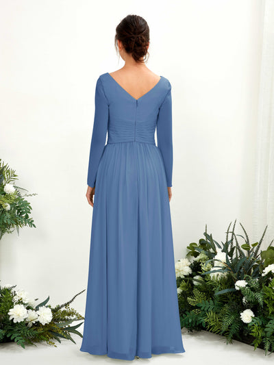 Carlyna Coline A-Line Dusty Blue Bridesmaid Dress Maxi Long Sleeve V-Neck Back View #color_dusty-blue