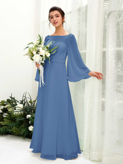 Dusty Blue Bridesmaid Dresses Bridesmaid Dress A-line Chiffon Bateau Full Length Long Sleeves Wedding Party Dress (81220510)#color_dusty-blue