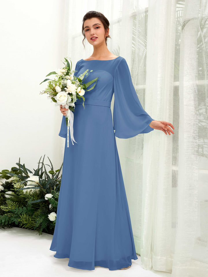 Dusty Blue Bridesmaid Dresses Bridesmaid Dress A-line Chiffon Bateau Full Length Long Sleeves Wedding Party Dress (81220510)