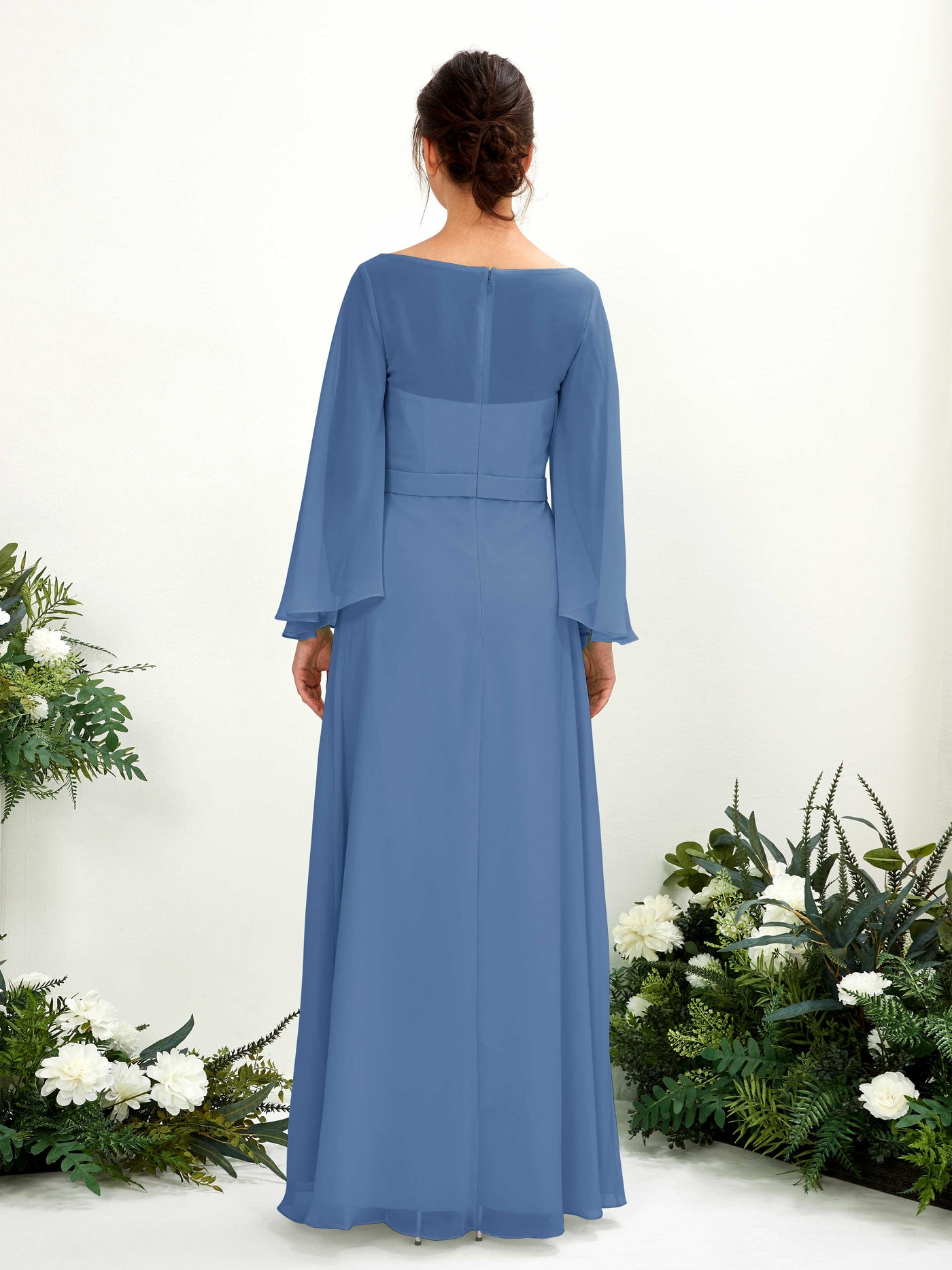 Dusty Blue Bridesmaid Dresses Bridesmaid Dress A-line Chiffon Bateau Full Length Long Sleeves Wedding Party Dress (81220510)#color_dusty-blue