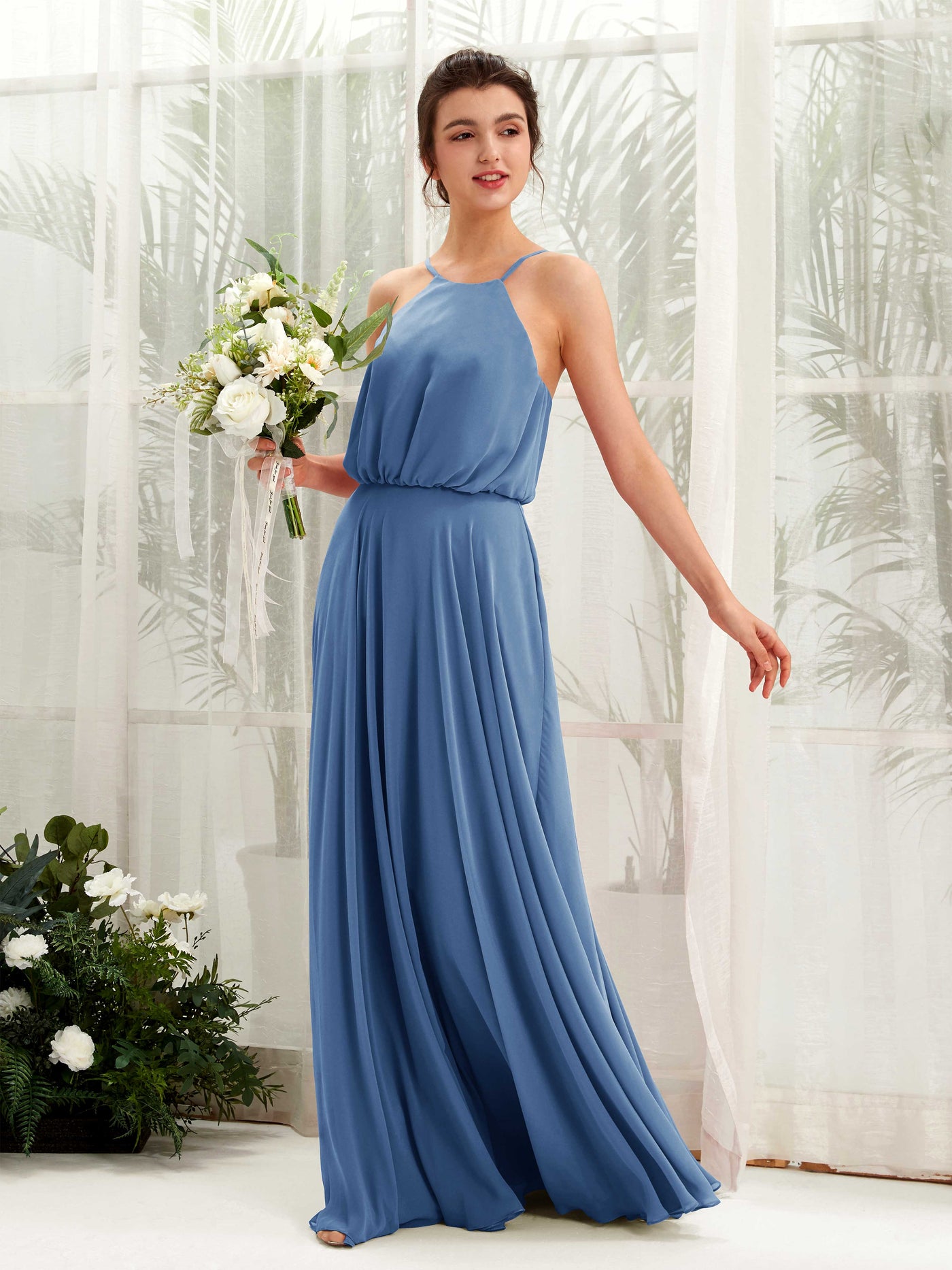 Dusty Blue Bridesmaid Dresses Bridesmaid Dress Ball Gown Chiffon Halter Full Length Sleeveless Wedding Party Dress (81223410)#color_dusty-blue