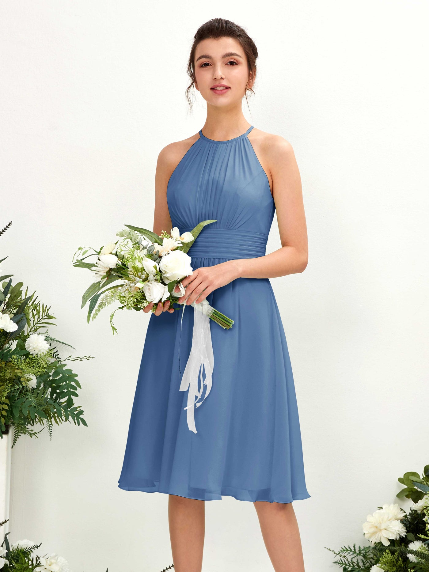 Dusty Blue Bridesmaid Dresses Bridesmaid Dress A-line Chiffon Halter Knee Length Sleeveless Wedding Party Dress (81220110)#color_dusty-blue