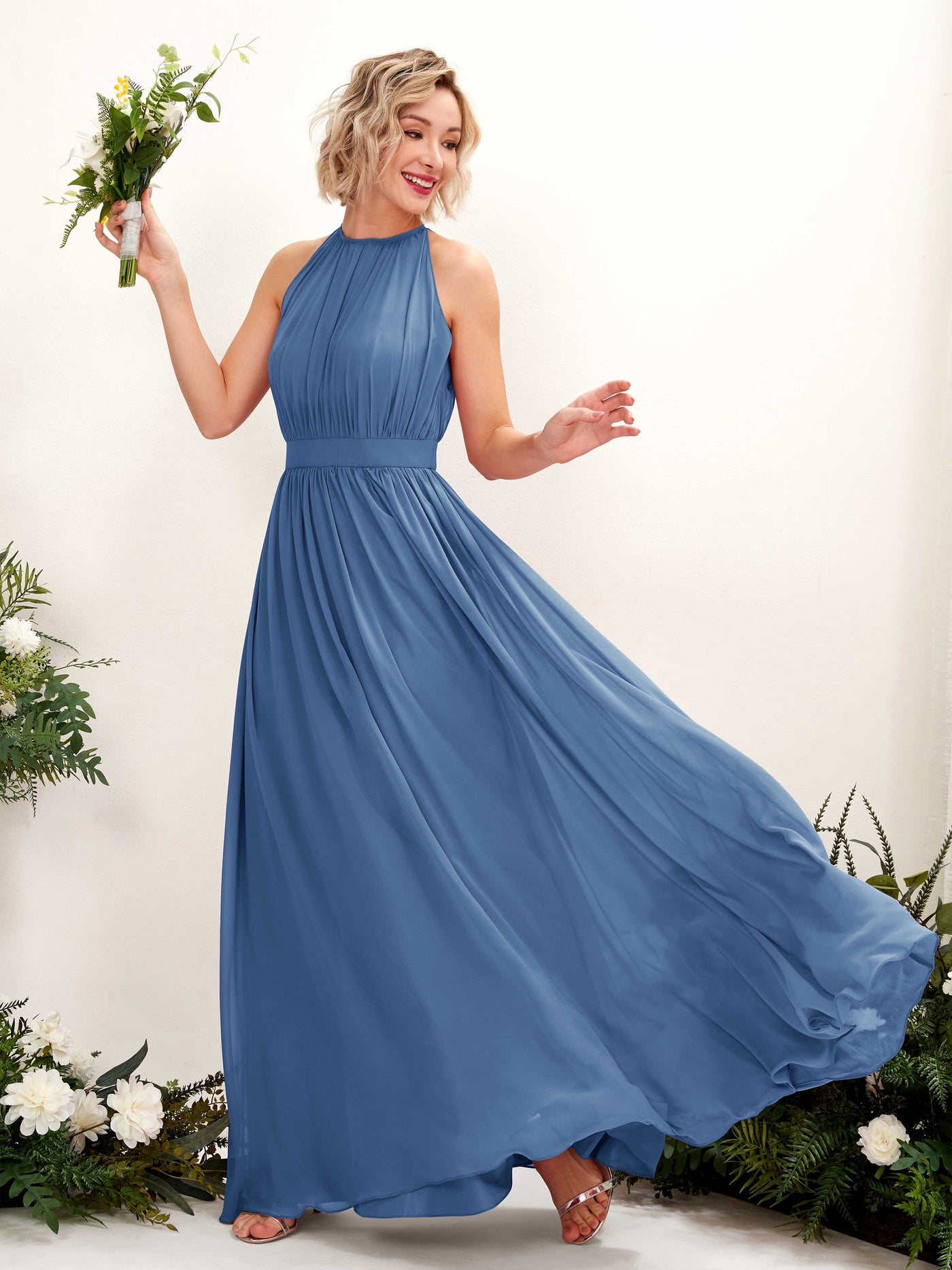 Dusty Blue Bridesmaid Dresses Bridesmaid Dress A-line Chiffon Halter Full Length Sleeveless Wedding Party Dress (81223110)#color_dusty-blue