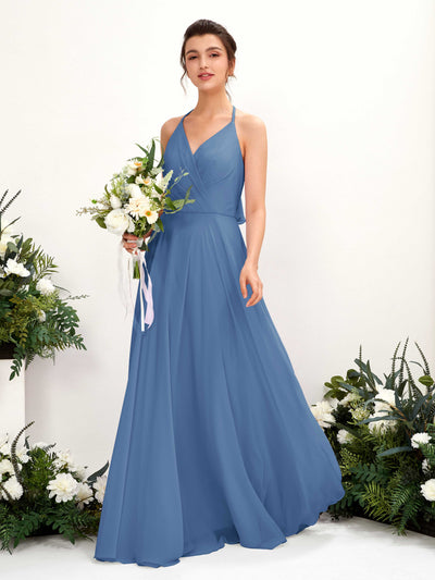 Carlyna Launo A-Line Dusty Blue Bridesmaid Dress Maxi Sleeveless V-Neck Dress Front View #color_dusty-blue