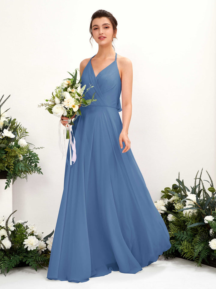Halter V-neck Sleeveless Chiffon Bridesmaid Dress - Dusty Blue (81221010)
