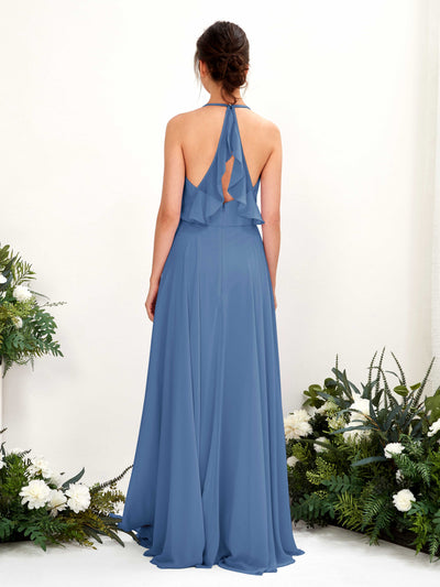 Carlyna Launo A-Line Dusty Blue Bridesmaid Dress Maxi Sleeveless V-Neck Dress Back View #color_dusty-blue