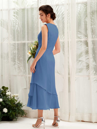 Carlyna Raina Mermaid Dusty Blue Bridesmaid Dress Midi Sleeveless Round Neck Dress Back View #color_dusty-blue