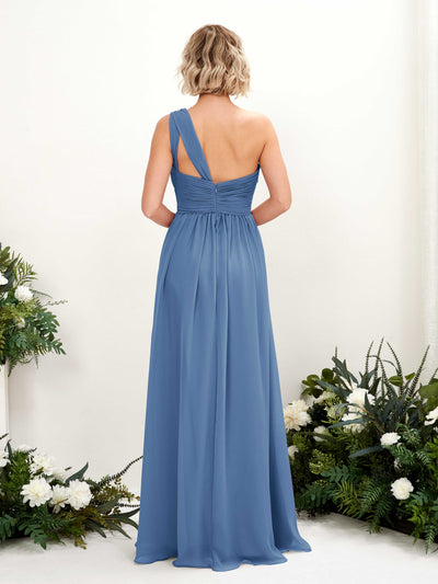 Carlyna Flaze A-Line Dusty Blue Bridesmaid Dress Maxi Sleeveless One Shoulder Dress Back View #color_dusty-blue