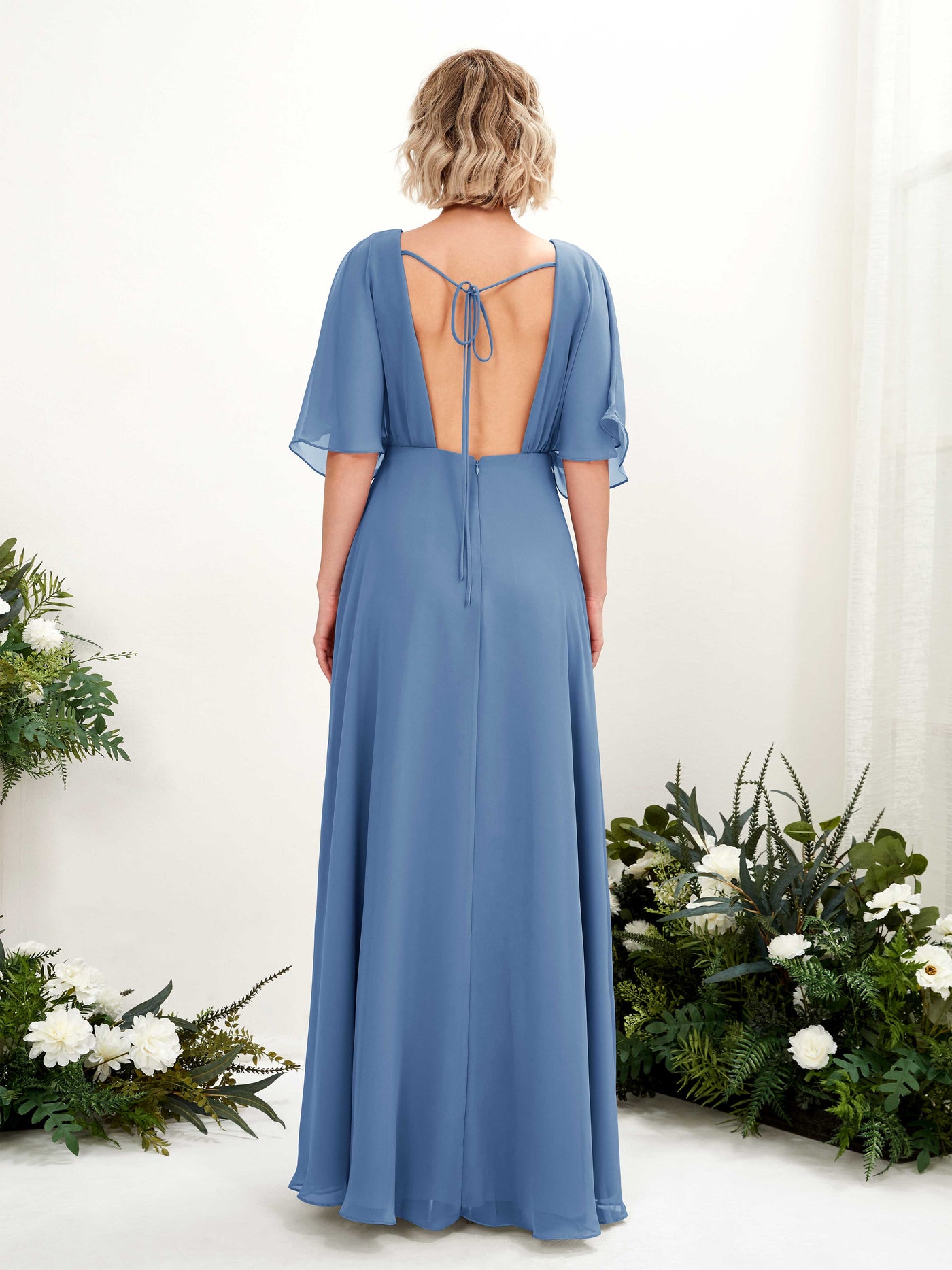 Dusty Blue Bridesmaid Dresses Bridesmaid Dress A-line Chiffon V-neck Full Length Short Sleeves Wedding Party Dress (81225110)#color_dusty-blue