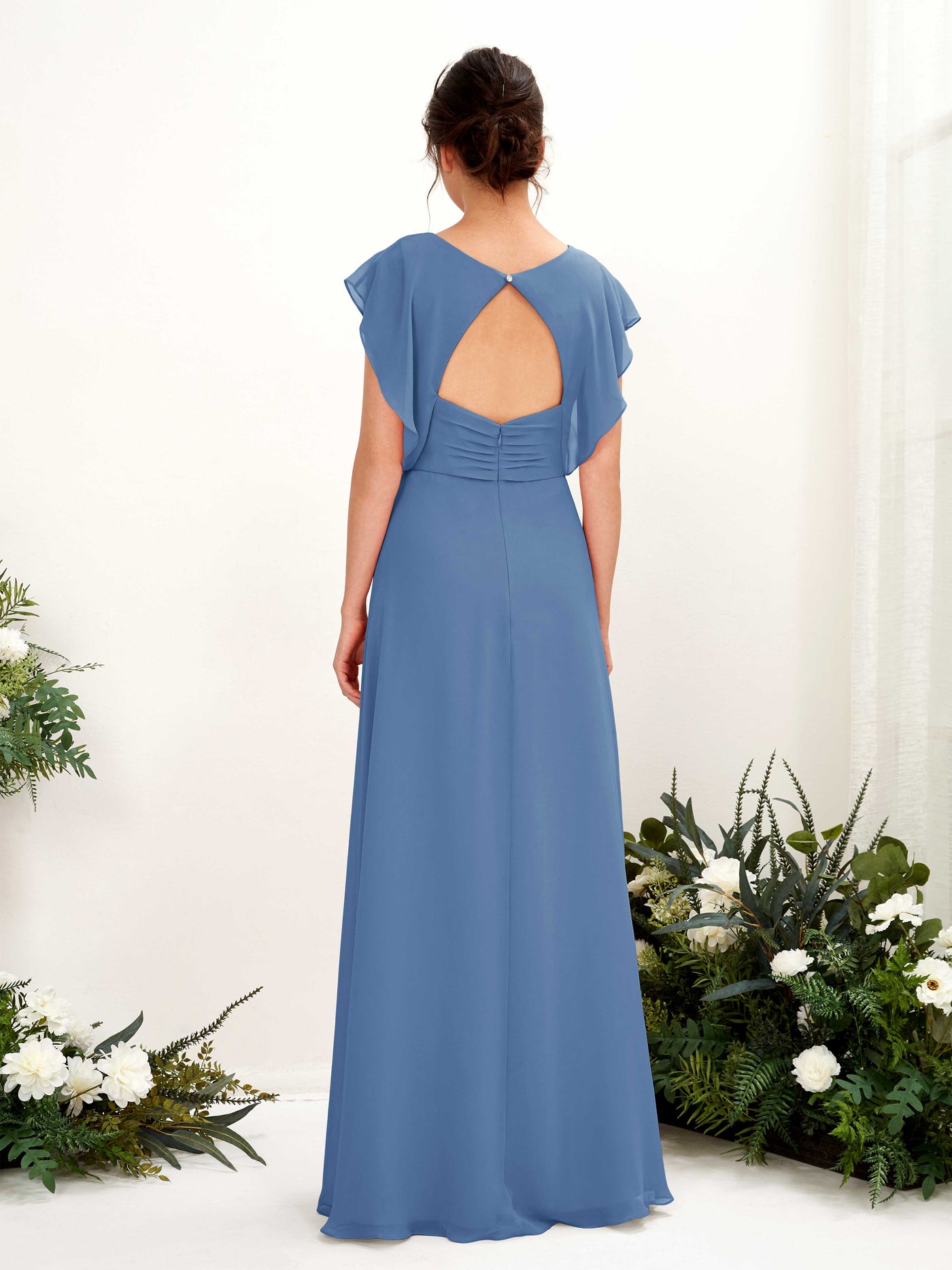 Dusty Blue Bridesmaid Dresses Bridesmaid Dress A-line Chiffon V-neck Full Length Short Sleeves Wedding Party Dress (81225610)#color_dusty-blue