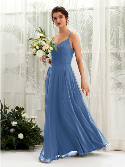 Carlyna Naura A-Line Dusty Blue Bridesmaid Dress Maxi Sleeveless V-Neck Dress Front View #color_dusty-blue