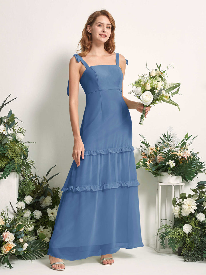 Bridesmaid Dress Chiffon Straps Full Length Sleeveless Wedding Party Dress - Dusty Blue (81227510)