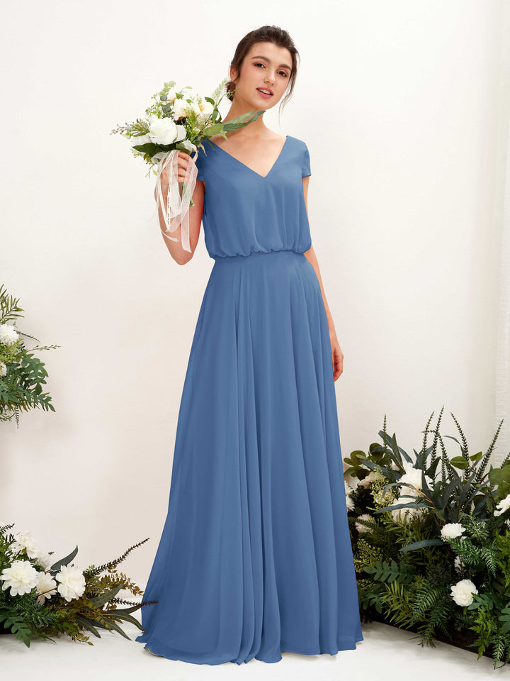 Dusty Blue Bridesmaid Dresses Bridesmaid Dress A-line Chiffon V-neck Full Length Short Sleeves Wedding Party Dress (81221810)