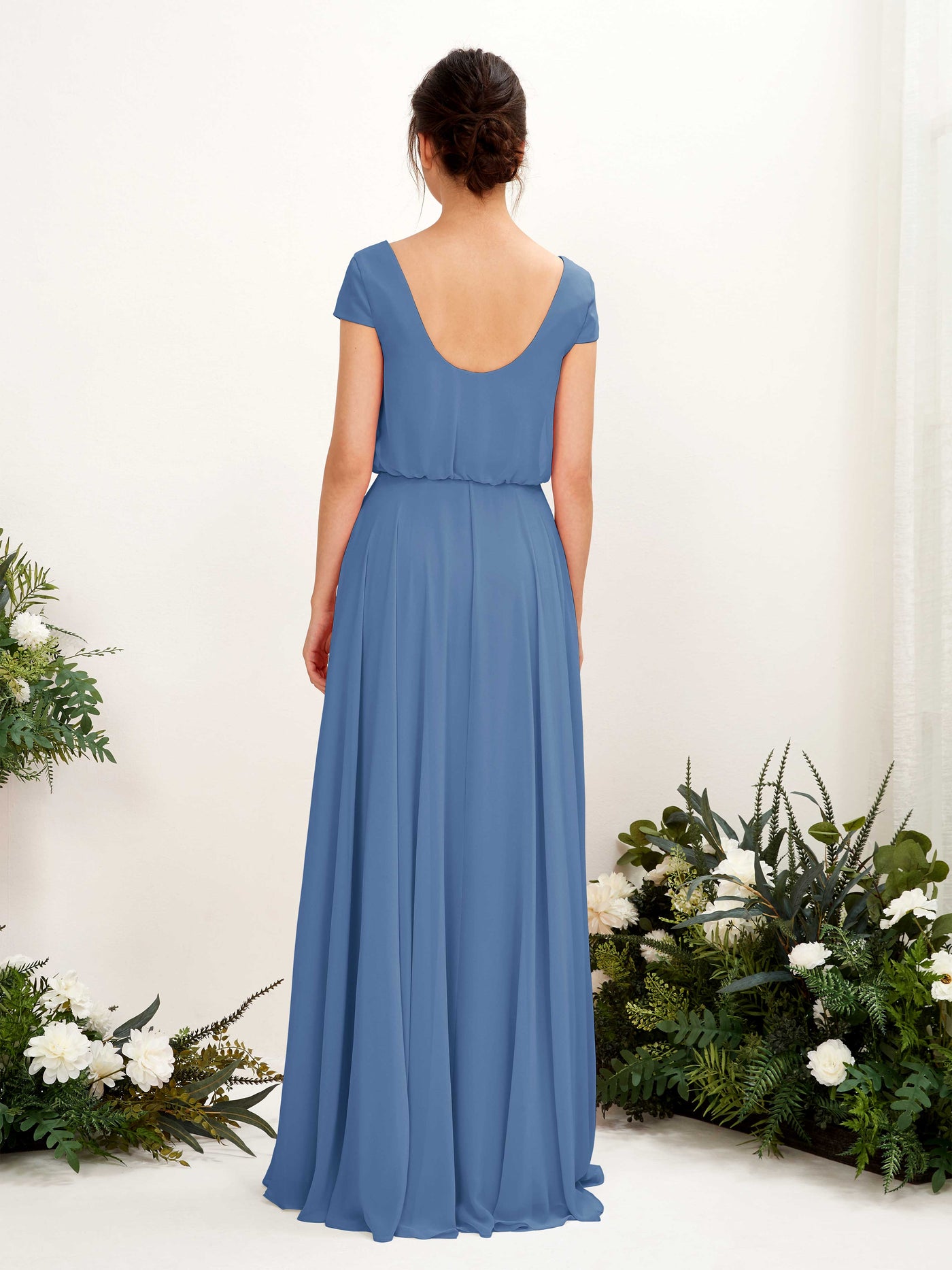 Dusty Blue Bridesmaid Dresses Bridesmaid Dress A-line Chiffon V-neck Full Length Short Sleeves Wedding Party Dress (81221810)#color_dusty-blue