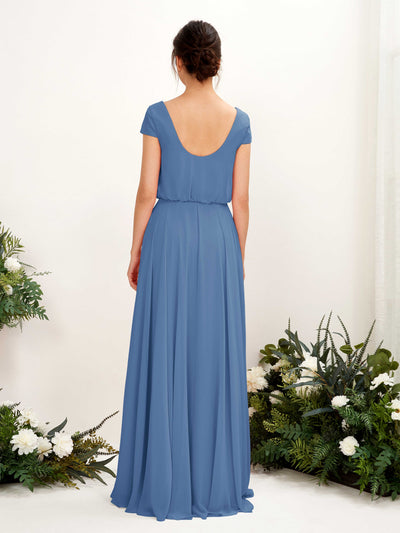 Carlyna Pauline A-Line Dusty Blue Bridesmaid Dress Maxi Cap Sleeve V-Neck Dress Back View #color_dusty-blue