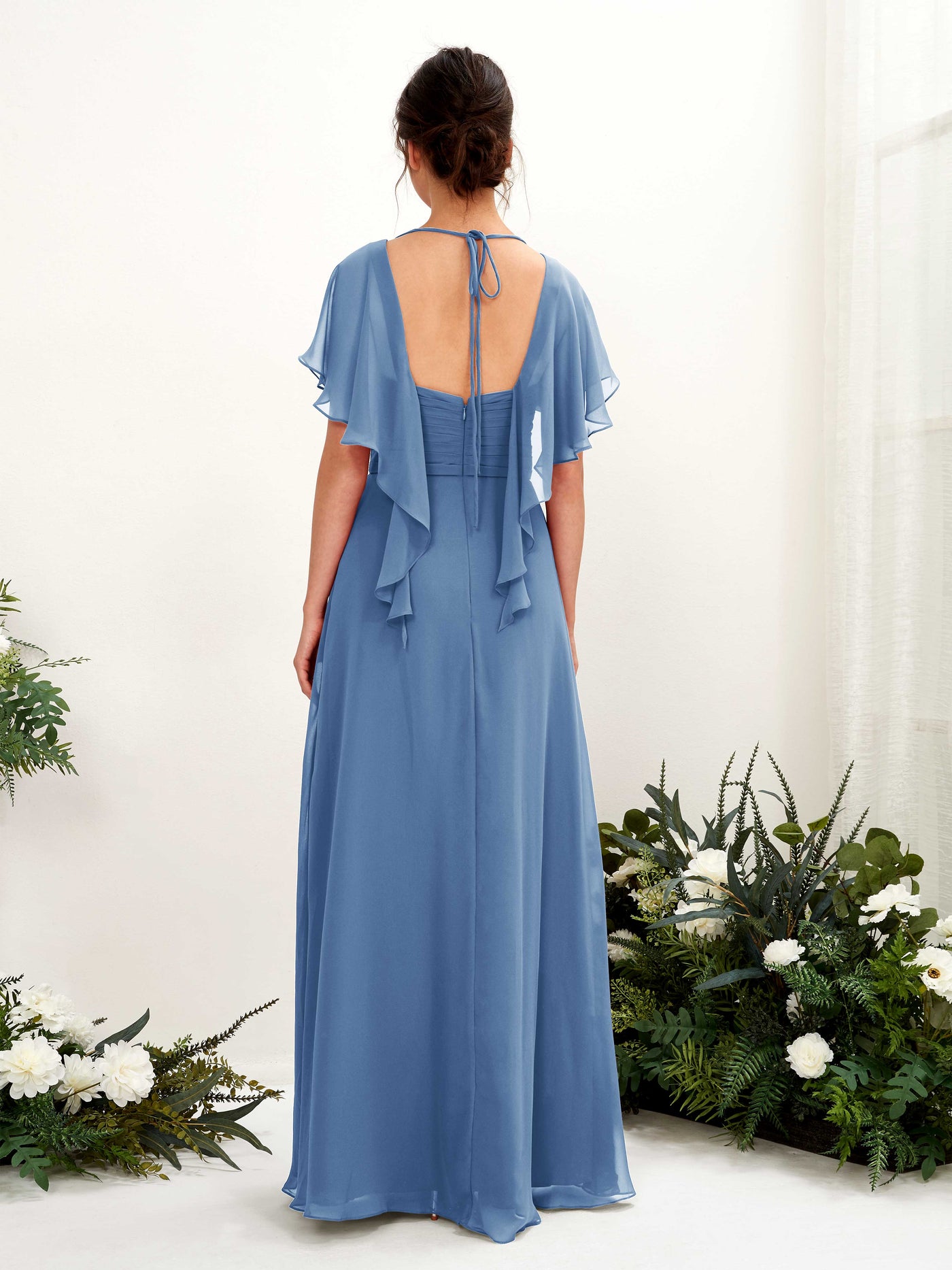 Open back V-neck Short Sleeves Chiffon Bridesmaid Dress - Dusty Blue (81226110)#color_dusty-blue