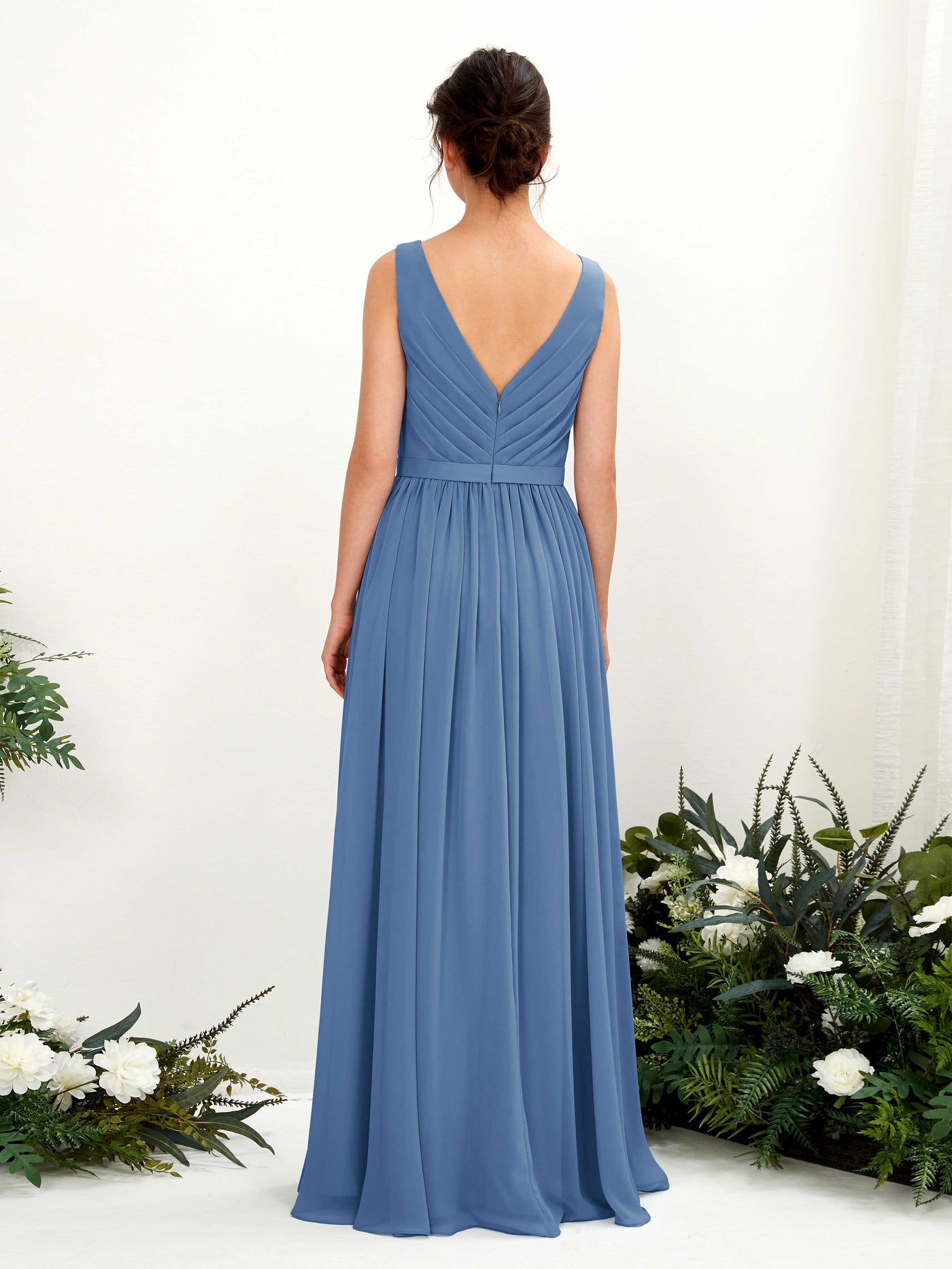 Dusty Blue Bridesmaid Dresses Bridesmaid Dress A-line Chiffon V-neck Full Length Sleeveless Wedding Party Dress (81223610)#color_dusty-blue