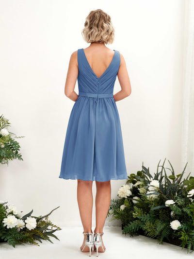 Carlyna Natasha A-Line Dusty Blue Bridesmaid Dress Knee-Length Sleeveless V-Neck Dress Back View #color_dusty-blue