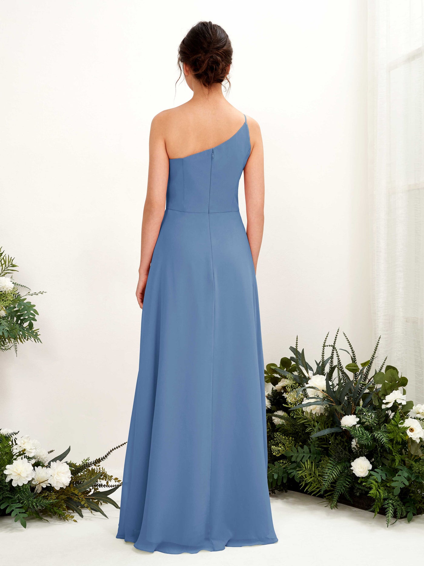 Dusty Blue Bridesmaid Dresses Bridesmaid Dress A-line Chiffon One Shoulder Full Length Sleeveless Wedding Party Dress (81225710)#color_dusty-blue