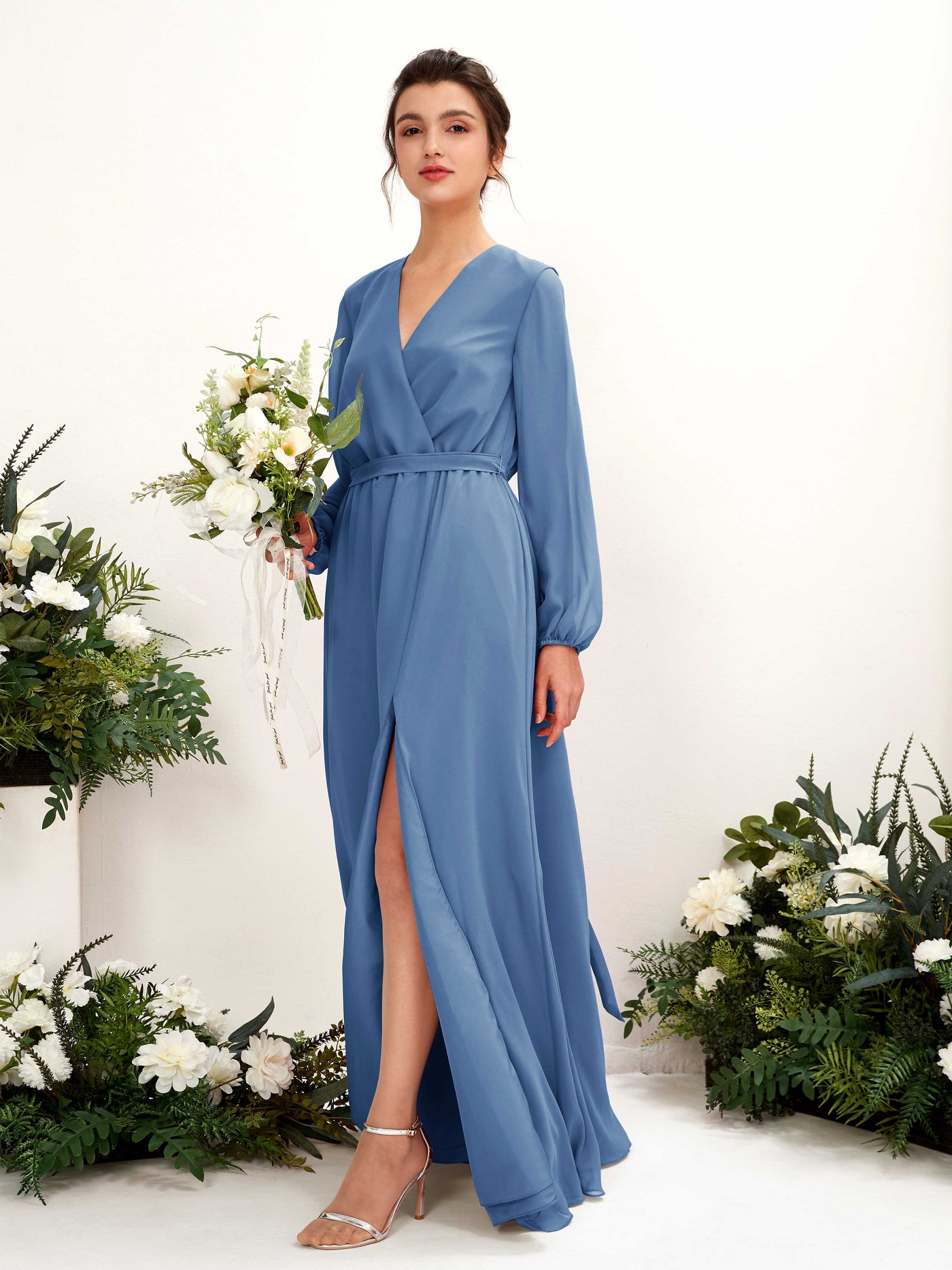 Dusty Blue Bridesmaid Dresses Bridesmaid Dress A-line Chiffon V-neck Full Length Long Sleeves Wedding Party Dress (81223210)#color_dusty-blue