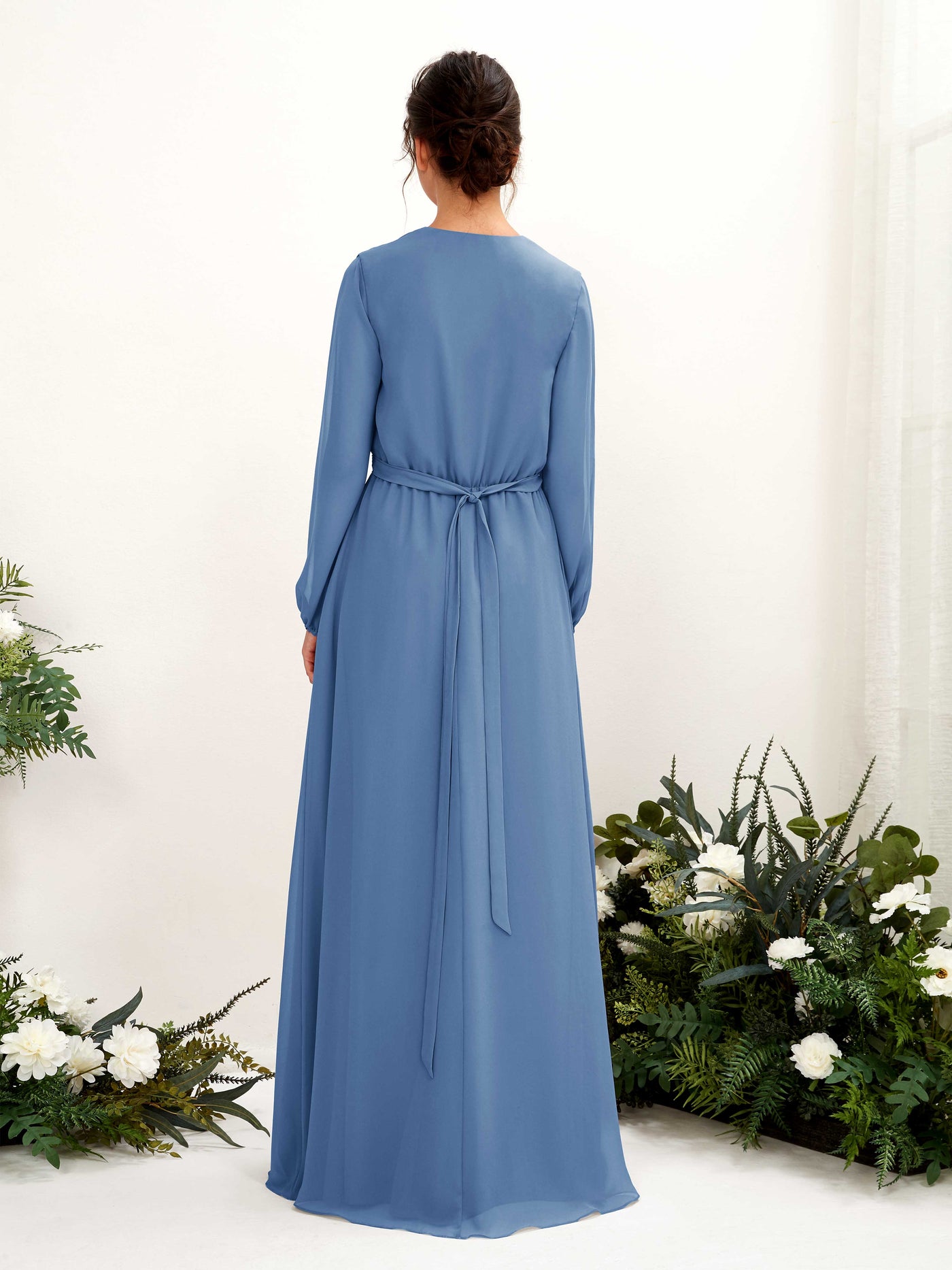 Dusty Blue Bridesmaid Dresses Bridesmaid Dress A-line Chiffon V-neck Full Length Long Sleeves Wedding Party Dress (81223210)#color_dusty-blue