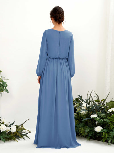 Carlyna Ginny A-Line Dusty Blue Bridesmaid Dress Maxi Long Sleeve V-Neck Back View #color_dusty-blue