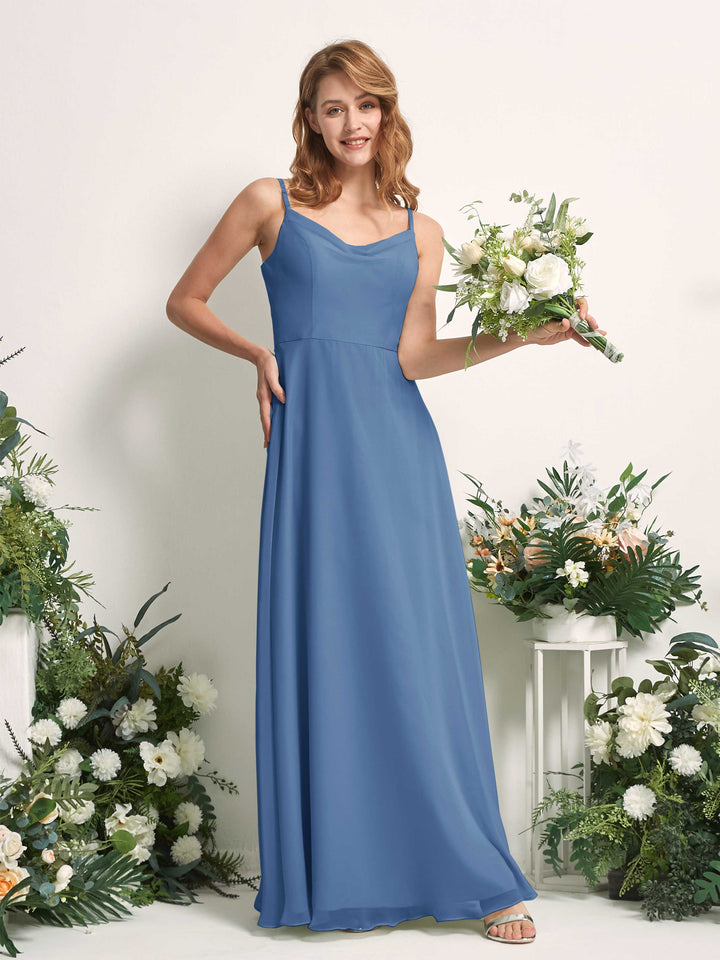 Bridesmaid Dress A-line Chiffon Spaghetti-straps Full Length Sleeveless Wedding Party Dress - Dusty Blue (81227210)