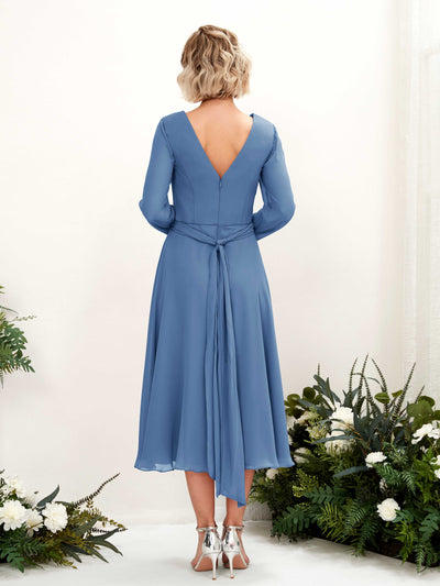 Carlyna Joanna A-Line Dusty Blue Bridesmaid Dress Midi Long Sleeve V-Neck Back View #color_dusty-blue