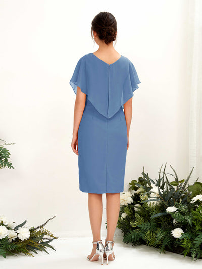Carlyna Vanessa Sheath Dusty Blue Bridesmaid Dress Knee-Length Cap Sleeve V-Neck Dress Back View #color_dusty-blue