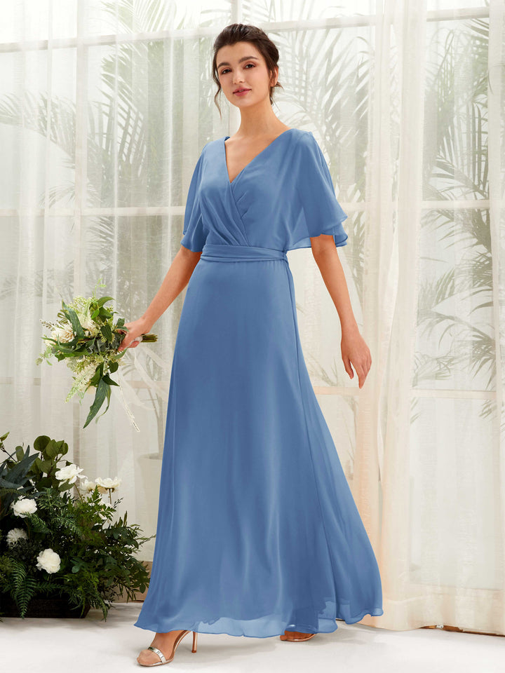 Carlyna Merta A-Line Dusty Blue Bridesmaid Dress Maxi Short Sleeve V-Neck Dress 
