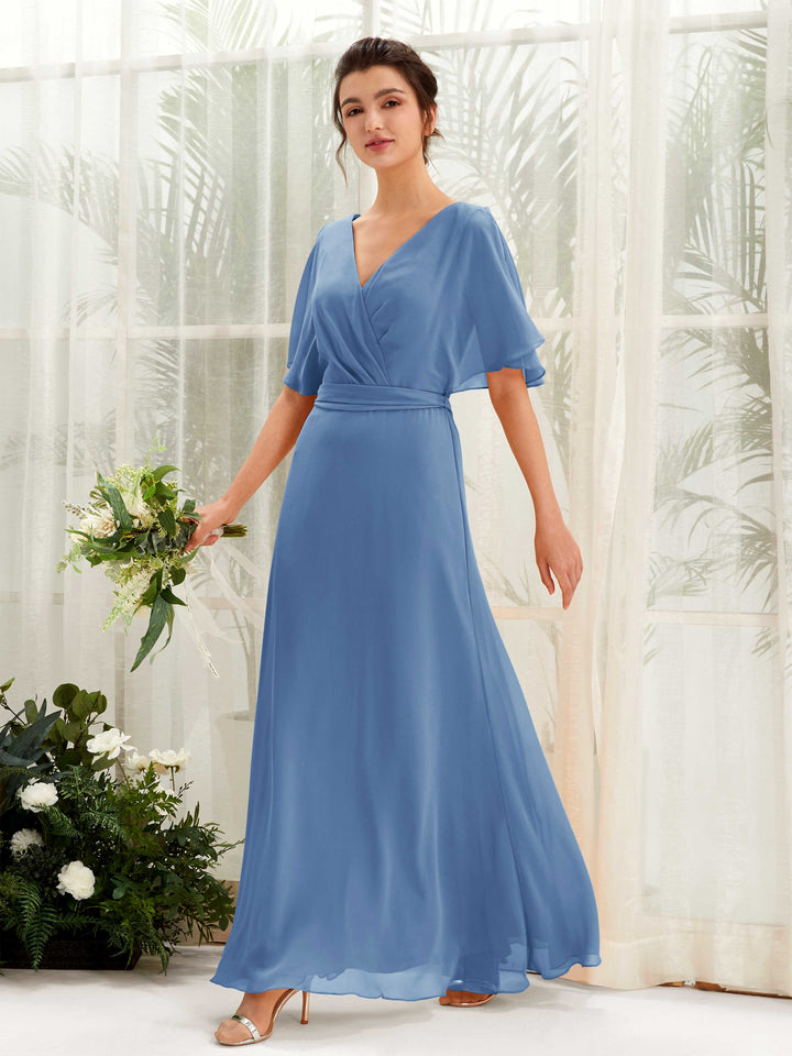 Dusty Blue Bridesmaid Dresses Bridesmaid Dress A-line Chiffon V-neck Full Length Short Sleeves Wedding Party Dress (81222410)