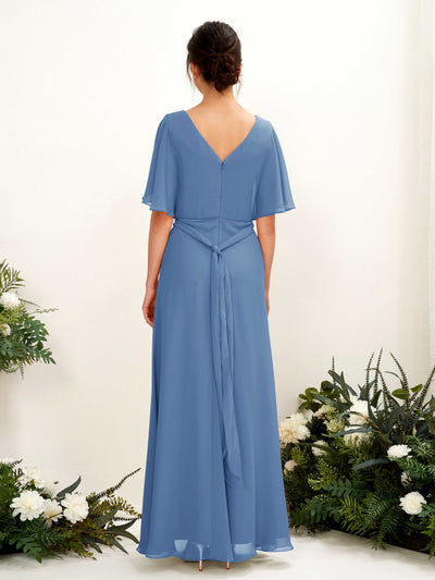 Carlyna Merta A-Line Dusty Blue Bridesmaid Dress Maxi Short Sleeve V-Neck Dress Back View #color_dusty-blue