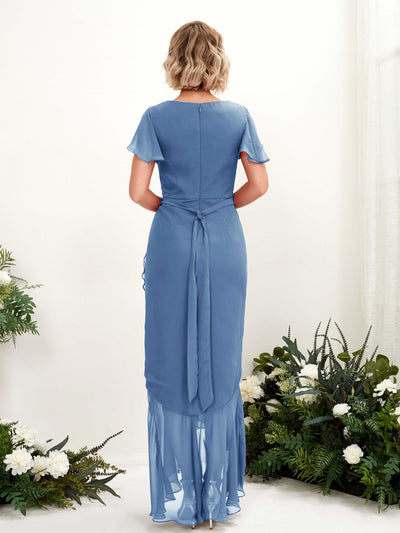 Carlyna Eartha Mermaid Dusty Blue Bridesmaid Dress Maxi Cap Sleeve V-Neck Dress Back View #color_dusty-blue