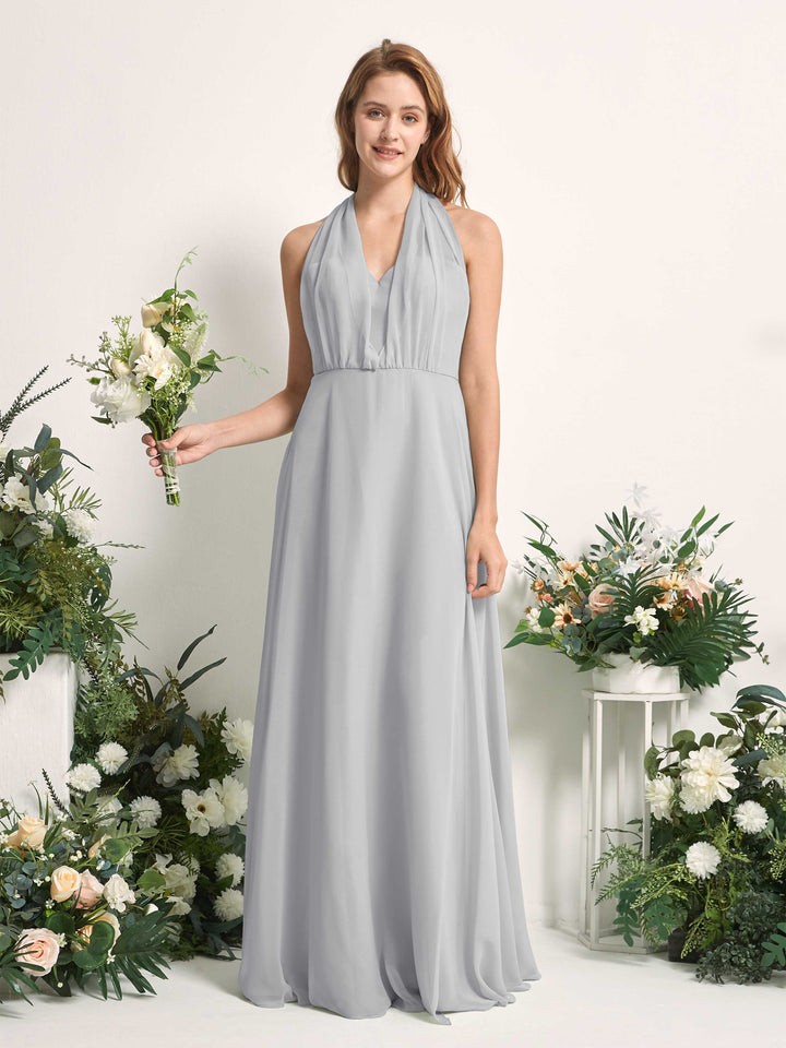 Silver Bridesmaid Dresses Bridesmaid Dress A-line Chiffon Halter Full Length Short Sleeves Wedding Party Dress (81226327)