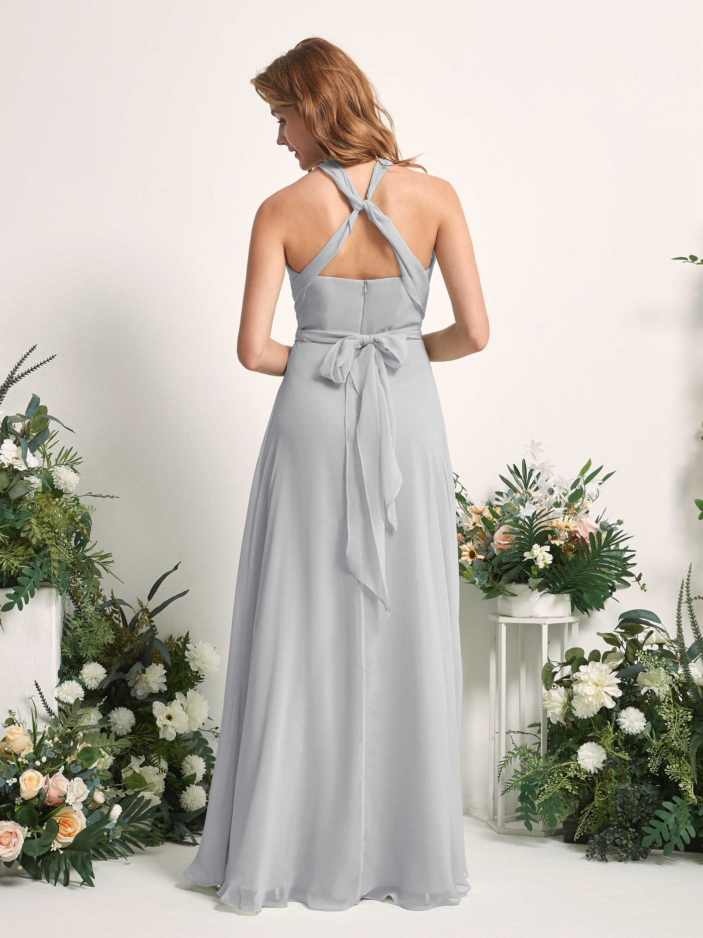 Silver Bridesmaid Dresses Bridesmaid Dress A-line Chiffon Halter Full Length Short Sleeves Wedding Party Dress (81226327)#color_silver