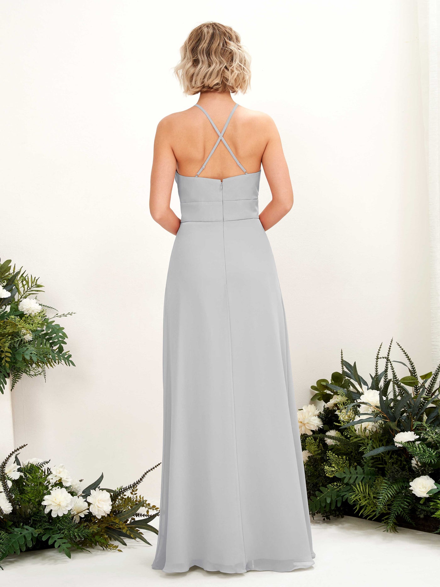 Silver Bridesmaid Dresses Bridesmaid Dress A-line Chiffon Halter Full Length Sleeveless Wedding Party Dress (81225227)#color_silver
