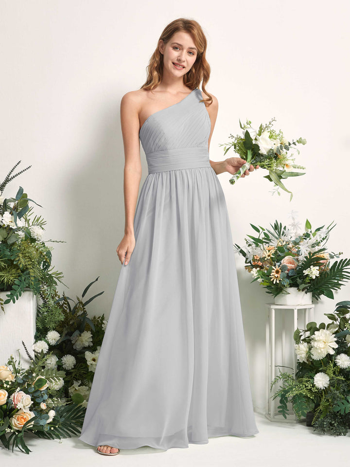 Bridesmaid Dress A-line Chiffon One Shoulder Full Length Sleeveless Wedding Party Dress - Silver (81226727)