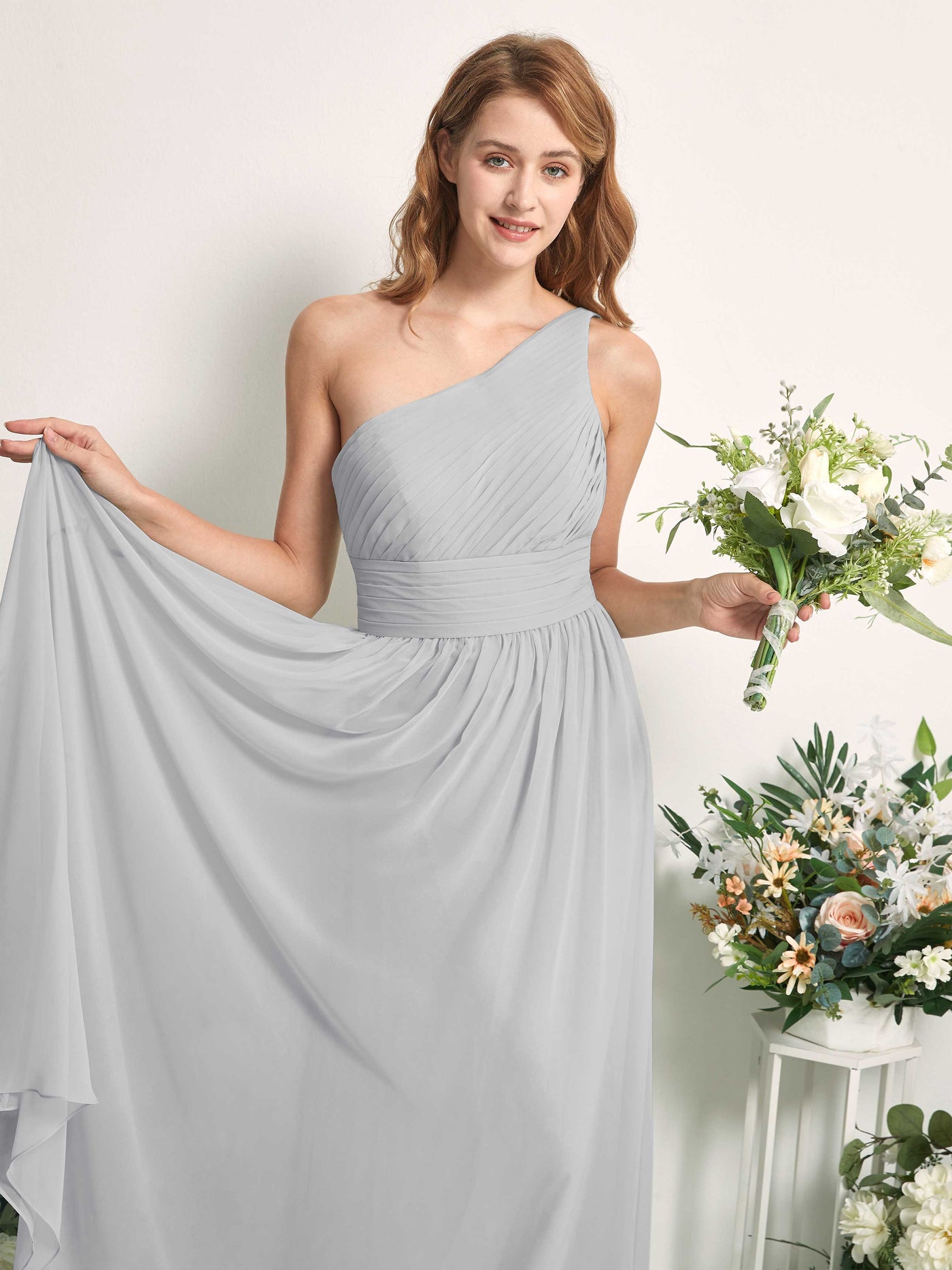 Bridesmaid Dress A-line Chiffon One Shoulder Full Length Sleeveless Wedding Party Dress - Silver (81226727)#color_silver