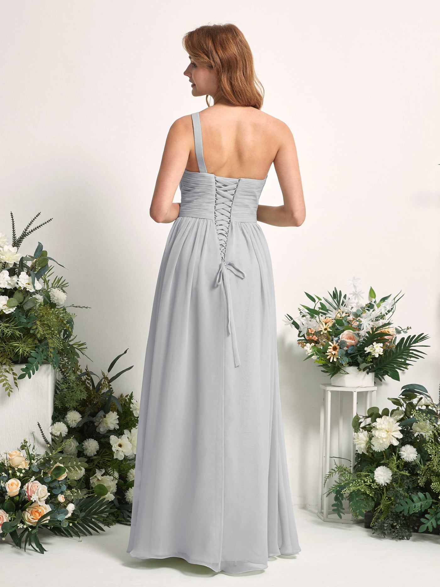 Bridesmaid Dress A-line Chiffon One Shoulder Full Length Sleeveless Wedding Party Dress - Silver (81226727)#color_silver