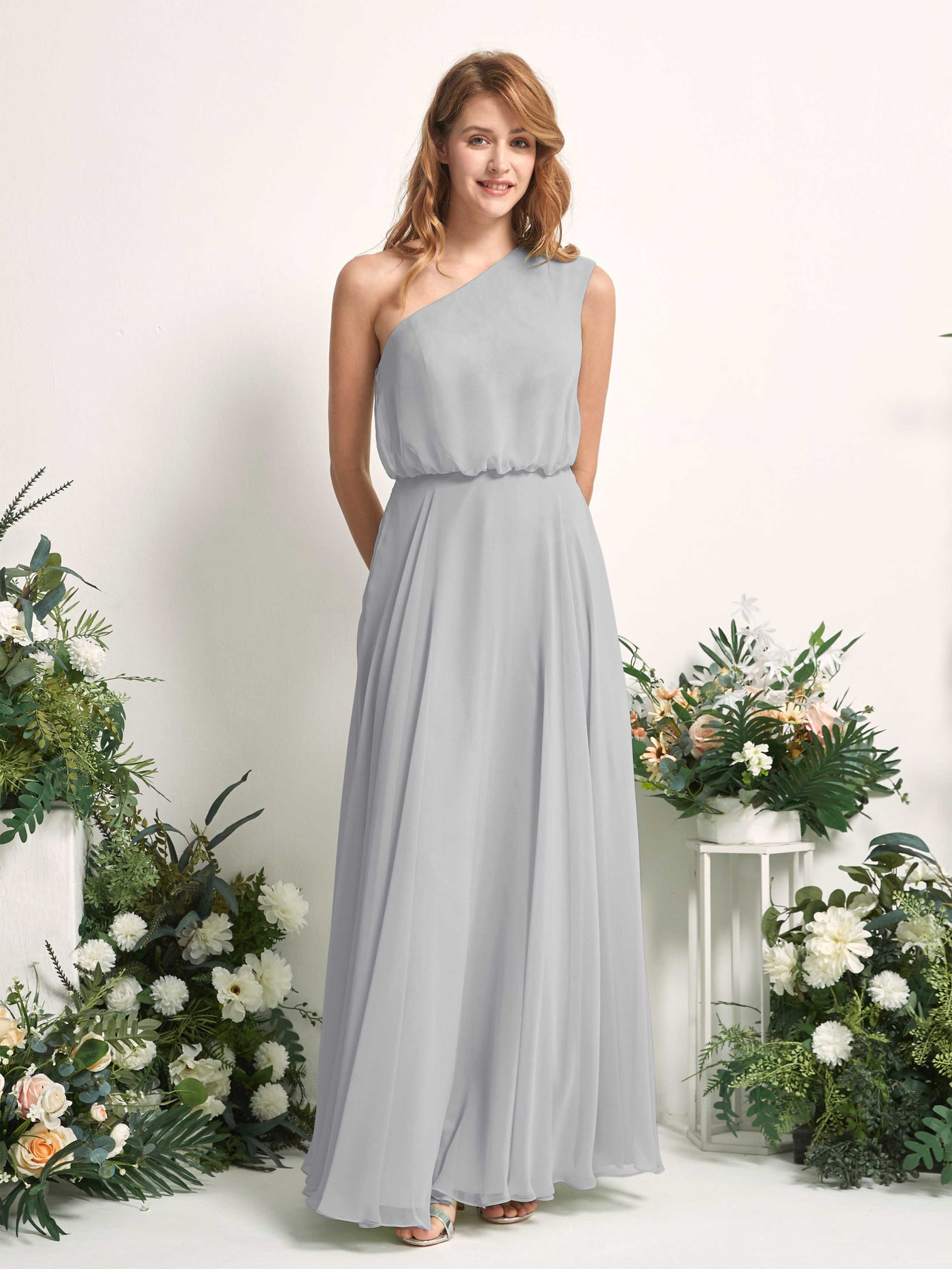 Bridesmaid Dress A-line Chiffon One Shoulder Full Length Sleeveless Wedding Party Dress - Silver (81226827)#color_silver