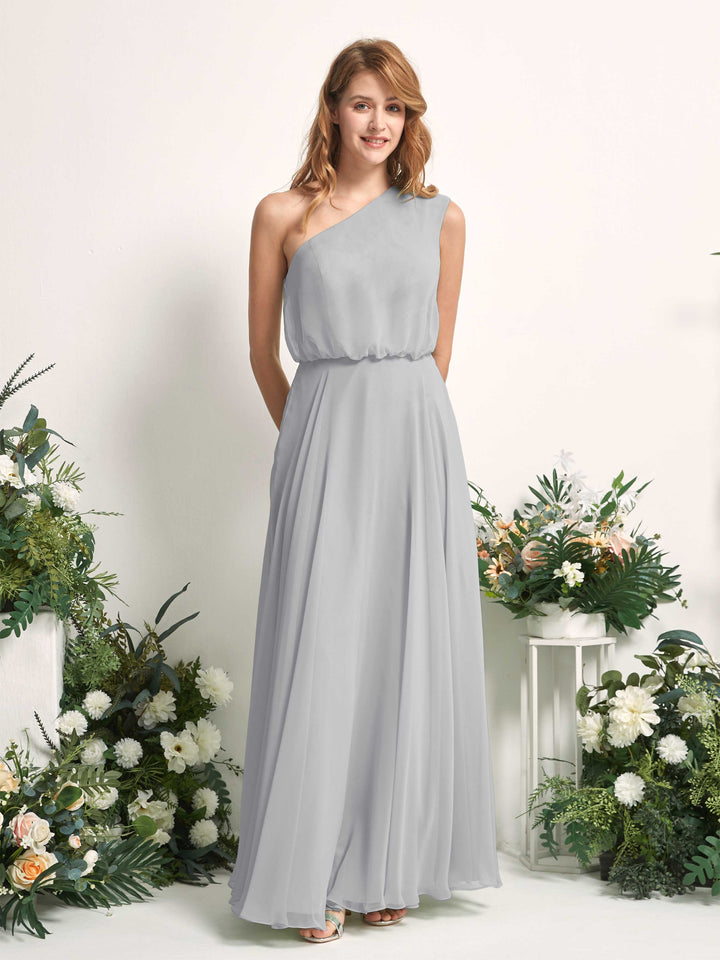Bridesmaid Dress A-line Chiffon One Shoulder Full Length Sleeveless Wedding Party Dress - Silver (81226827)