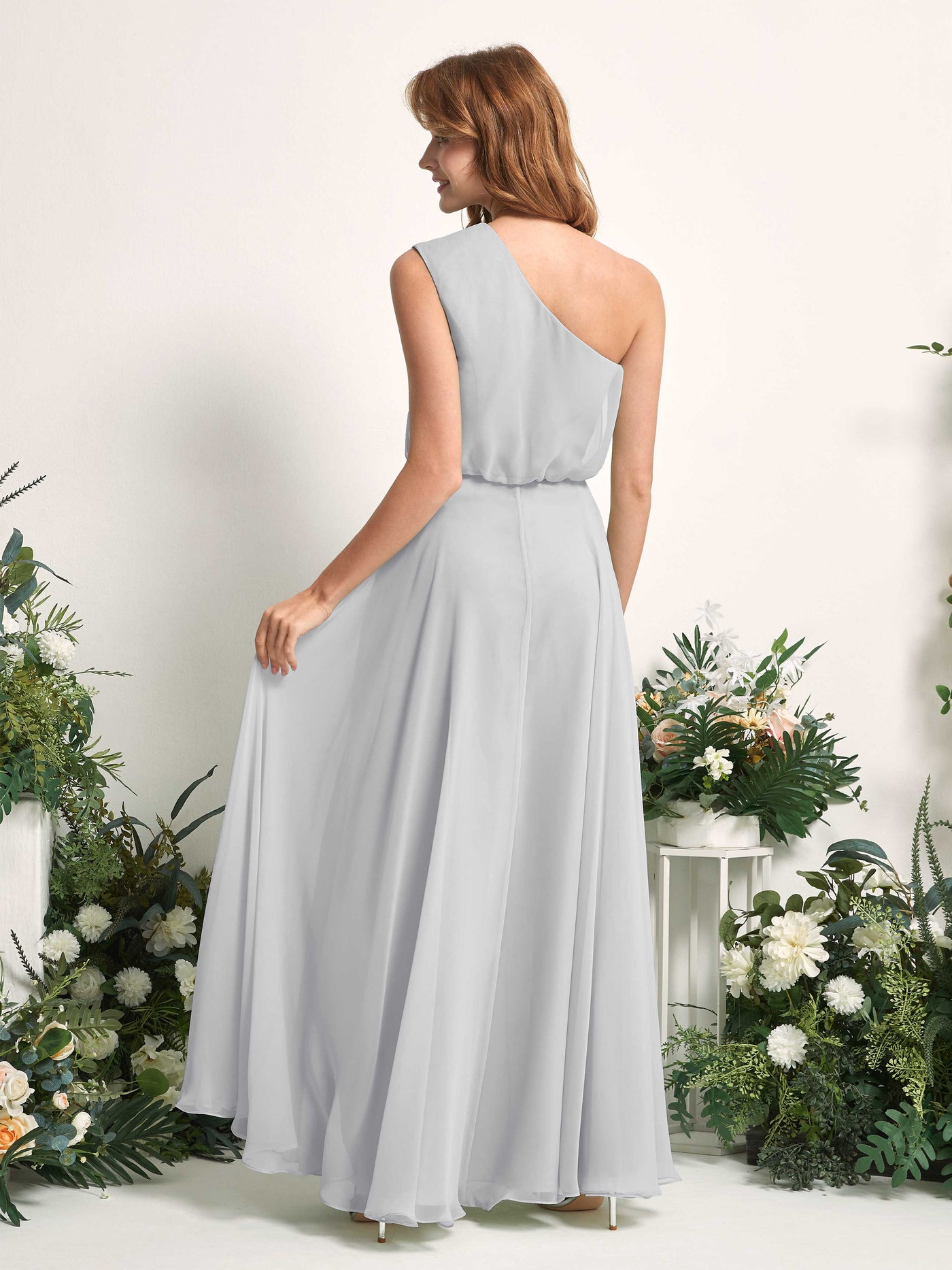 Bridesmaid Dress A-line Chiffon One Shoulder Full Length Sleeveless Wedding Party Dress - Silver (81226827)#color_silver